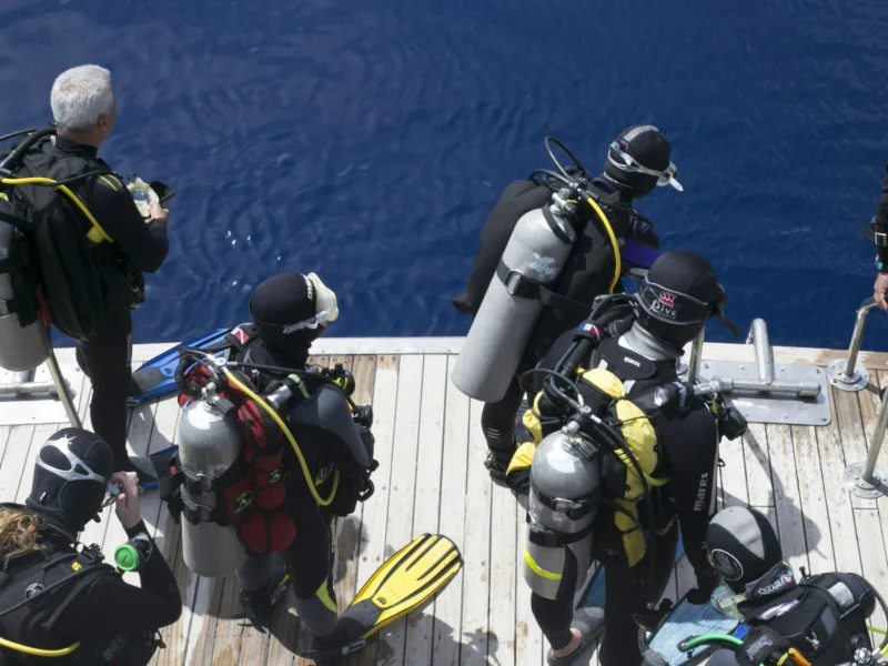 Divers on the edge of the boat, ready to dive