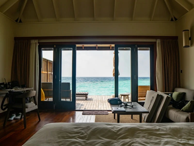 Balcony over turquoise water, Maldives